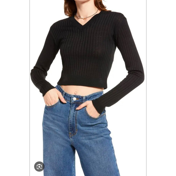 BP. Reagan Ribbed Crop Top Sweater Black NEW - Picture 1 of 6